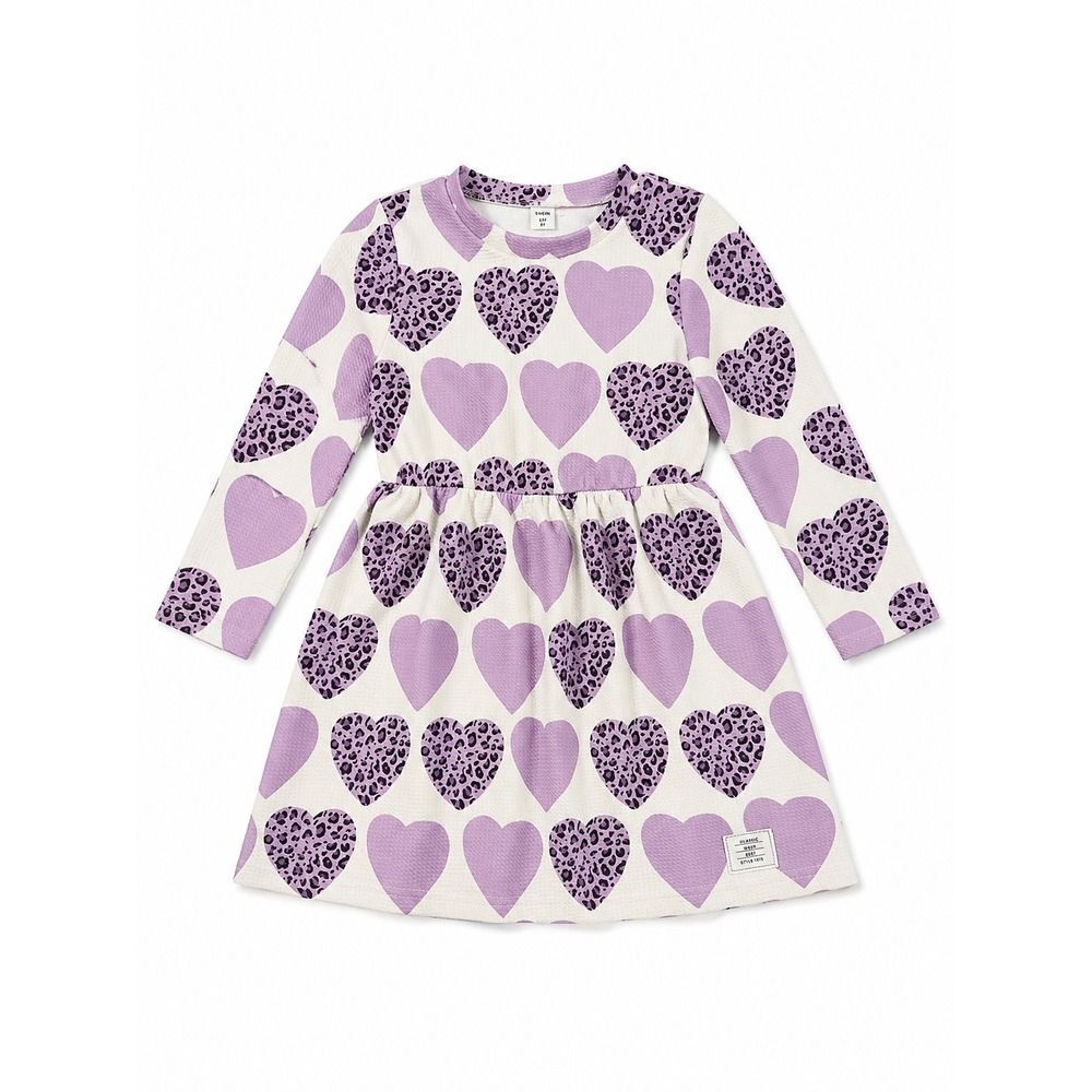 SHEIN Girls Heart Print Long Sleeve Dress Purple Leopard Size 6Y sk2312064534031